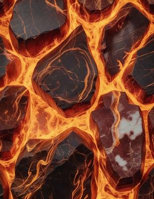 The primary subject of the image is a large, intricately designed rock with a pattern of orange and black. The rock appears to be made of marble and has a unique, artistic design. The setting is a stone wall, and the visual style is a combination of photo and digital art. The colors and mood of the image are vibrant and bold, with the orange and black pattern creating a striking contrast against the stone wall.