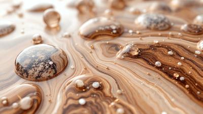 The primary subject of the image is a close-up of a wooden table with a pattern of bubbles on it. The setting is a wooden table, and the visual style is a close-up of the table. The colors and mood of the image are dominated by the wooden table and the bubbles, creating a warm and natural atmosphere.