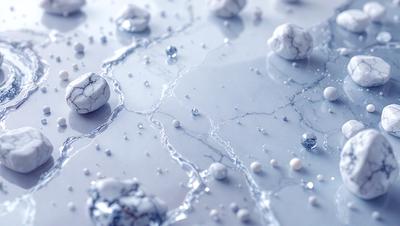 The primary subject of the image is a close-up of a marble surface with water droplets on it. The setting is a white background, and the visual style appears to be a combination of a photo and digital art. The colors and mood of the image are predominantly white and blue, giving it a clean and serene atmosphere.
