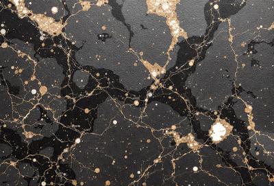 The primary subject of the image is a close-up of a black and gold marble surface. The setting is a black background, which contrasts with the marble's color. The visual style is a combination of a photo and digital art, as the marble appears to be a photograph with a digital artistic touch. The colors and mood of the image are predominantly black and gold, creating a luxurious and elegant atmosphere.