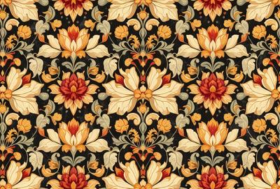 The primary subject of the image is a floral pattern, featuring a variety of flowers in different colors. The setting is a black and white background, which adds a classic and elegant touch to the scene. The visual style is a combination of a photo and a digital art, creating a unique and artistic representation of the floral pattern. The dominant colors in the image are black, white, and various shades of orange, which contribute to a warm and inviting atmosphere.