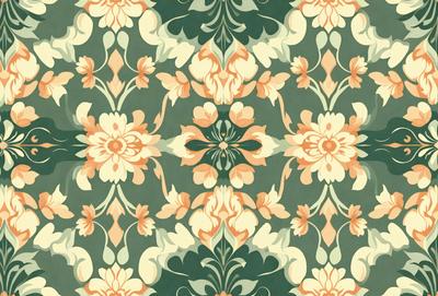 The primary subject of the image is a floral pattern, featuring a variety of flowers in different colors. The setting is a green background, which complements the vibrant colors of the flowers. The visual style is a combination of digital art and illustration, creating a unique and eye-catching design. The dominant colors are orange, pink, and white, giving the pattern a warm and inviting atmosphere.