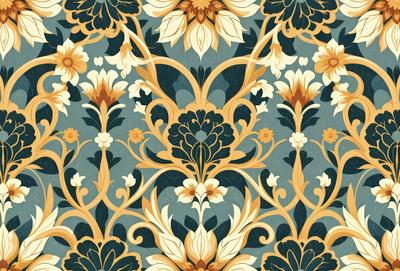 The primary subject of the image is a decorative pattern featuring a combination of blue, gold, and white colors. The pattern is intricate and ornate, with a floral design. The setting is a wall, and the visual style appears to be a digital art or illustration. The colors and mood of the image are warm and inviting, creating a pleasant atmosphere.