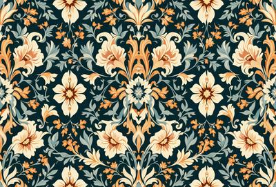 The primary subject of the image is a floral pattern, featuring a variety of flowers and leaves. The setting is a blue background, which contrasts with the vibrant colors of the flowers. The visual style is a combination of digital art and illustration, creating a detailed and intricate design. The dominant colors are orange, blue, and white, giving the pattern a warm and inviting atmosphere.