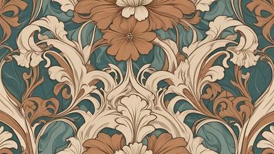 The primary subject of the image is a floral pattern, featuring a mix of orange and white colors. The setting is a wall, and the visual style appears to be a combination of a photo and a drawing. The dominant colors are orange and white, creating a warm and inviting atmosphere.