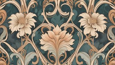 The primary subject of the image is a beautifully designed wallpaper with a floral pattern. The setting is a wall, and the visual style is a combination of photo and digital art. The colors and mood of the image are warm and inviting, with the floral pattern creating a sense of natural beauty.
