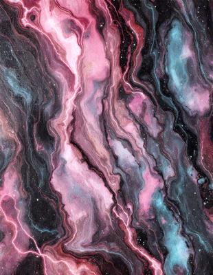 The primary subject of the image is a close-up of a colorful, swirling pattern, possibly a painting or a digital artwork. The setting is a black and pink background, which adds to the visual style. The colors and mood of the image are vibrant and energetic, with the pink and black colors creating a striking contrast.