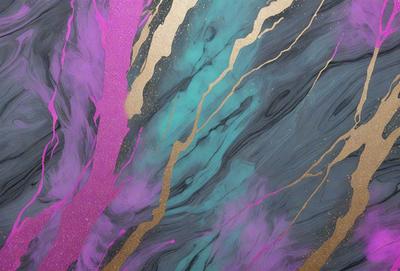 The primary subject of the image is a painting featuring a purple and blue color scheme. The setting is a wall, and the visual style appears to be a combination of digital art and illustration. The dominant colors in the painting are purple and blue, creating a calming and serene atmosphere.