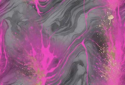 The primary subject of the image is a large, pink, and purple painting on a gray background. The painting features a mix of pink and purple colors, creating a vibrant and lively atmosphere. The setting appears to be a gallery or an art exhibition, showcasing the artwork to the viewers. The visual style of the painting is a combination of digital art and traditional painting techniques, resulting in a unique and captivating piece of art.