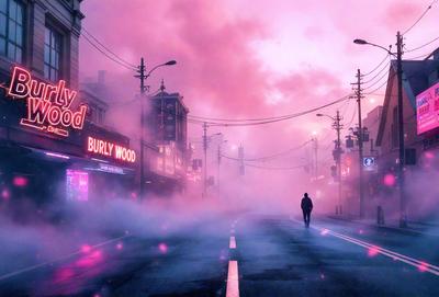 The primary subject of the image is a person walking down a street in a city. The setting is a city street with buildings in the background. The visual style is a digital art or illustration, creating a surreal and atmospheric scene. The colors and mood are predominantly pink, giving the image a dreamy and ethereal quality.