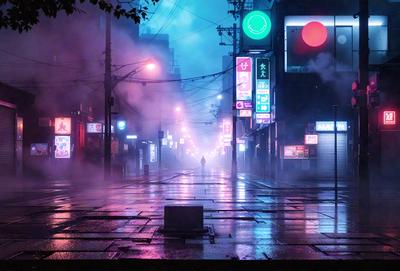 The primary subject of the image is a person walking down a rain-soaked city street at night. The setting is a dark, wet city street with a few buildings in the background. The visual style is a photo, capturing the atmosphere of the nighttime cityscape. The colors and mood are predominantly dark and moody, with the rain and nighttime creating a sense of mystery and solitude.