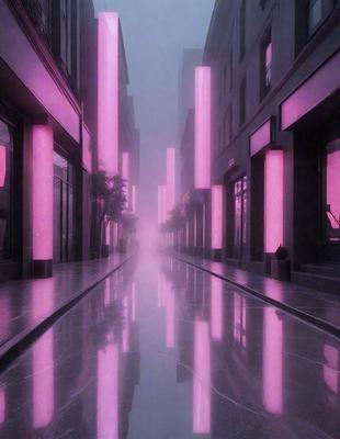 The primary subject of the image is a city street with a pink glow. The setting is a city street with buildings and a sidewalk. The visual style is a digital art or illustration, creating a surreal and futuristic atmosphere. The colors and mood are predominantly pink, giving the scene a unique and dreamy quality.