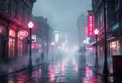 The primary subject of the image is a person walking down a rain-soaked city street at night. The setting is a city street with buildings and streetlights, creating a moody atmosphere. The visual style is a photo, capturing the person and the urban environment. The colors and mood are predominantly dark and gloomy, with the rain and nighttime adding to the overall ambiance.