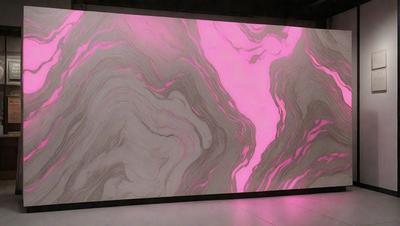 The primary subject of the image is a large, pink marble wall. The setting is a room with a white background, and the visual style appears to be a combination of a photo and digital art. The dominant colors are pink and white, creating a warm and inviting atmosphere.