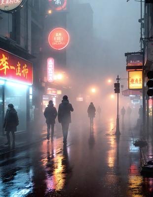 The primary subject of the image is a group of people walking down a wet city street at night. The setting is a city street with buildings and businesses lining the sidewalk. The visual style is a photo, capturing the atmosphere of the nighttime cityscape. The colors and mood are predominantly dark, with the wet street reflecting the lights from the surrounding buildings and businesses.