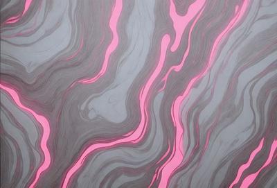 The primary subject of the image is a pink and grey patterned wallpaper. The setting is a room with a grey and pink color scheme. The visual style is a combination of digital art and illustration, creating a unique and eye-catching design. The dominant colors are pink and grey, giving the room a warm and inviting atmosphere.