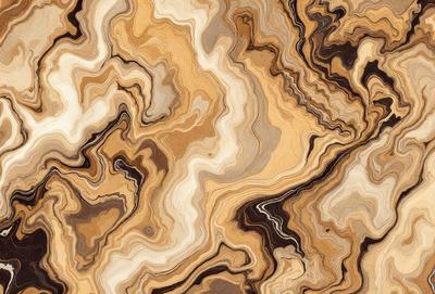 The primary subject of the image is a close-up of a marble-like pattern, which appears to be a natural stone or a textured wallpaper. The setting is a room with a wooden floor, and the visual style is a combination of a photo and a digital art or illustration. The colors and mood of the image are warm and earthy, with a focus on the natural patterns and textures of the marble-like material.