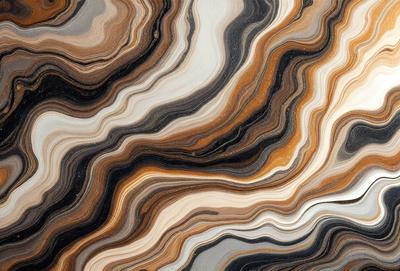 The primary subject of the image is a close-up of a marble stone with a unique and intricate pattern. The setting is a natural environment, with the stone being the main focus of the scene. The visual style is a close-up of the marble, showcasing its texture and details. The colors in the image are predominantly earthy tones, such as brown, black, and gray, which create a natural and earthy atmosphere.