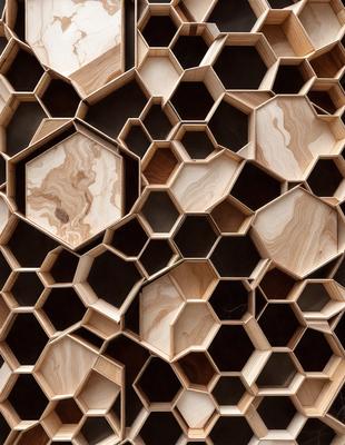 The primary subject of the image is a wooden wall with a unique pattern of hexagonal shapes. The setting is a room with a wooden floor, and the visual style appears to be a combination of a photo and a digital art or illustration. The dominant colors are brown and black, giving the wall a warm and textured appearance. The overall atmosphere of the image is intriguing and visually appealing.