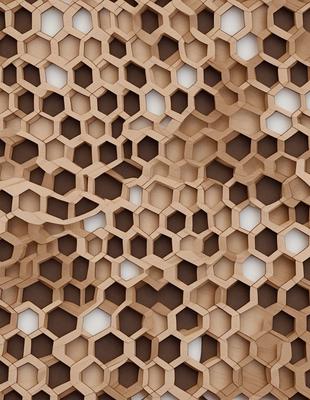 The primary subject of the image is a wooden wall with a honeycomb pattern. The setting is a room with a white background. The visual style is a close-up of the wooden wall, showcasing the intricate pattern. The dominant colors are brown and white, giving the wall a natural and clean appearance.