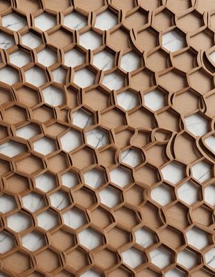 The primary subject of the image is a wooden surface with a unique pattern, resembling a honeycomb or a lattice. The setting is a white marble countertop, which serves as the background for the wooden surface. The visual style of the image is a combination of a photo and a digital art, as it appears to be a close-up of the wooden surface with a slightly blurred background. The colors and mood of the image are predominantly neutral, with the wooden surface having a warm and natural tone, while