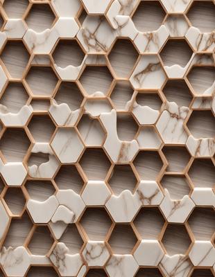 The primary subject of the image is a marble wall with a unique hexagonal pattern. The setting is a room with a white marble wall, which serves as the background. The visual style of the image is a close-up of the marble wall, showcasing its intricate pattern. The colors and mood of the image are predominantly white, giving it a clean and elegant appearance.