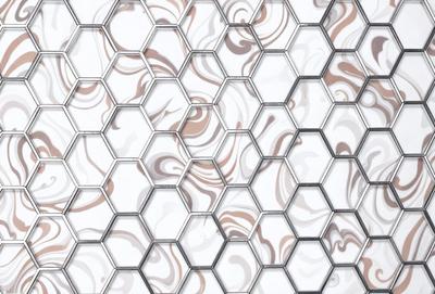 The primary subject of the image is a patterned wall made of hexagonal tiles. The setting is a room with a white background. The visual style is a combination of photo and digital art, creating a unique and intricate design. The dominant colors are brown and white, giving the wall a warm and elegant appearance.