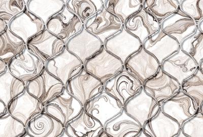 The primary subject of the image is a patterned tile with a brown and white color scheme. The setting is a white wall, and the visual style appears to be a combination of a photo and digital art. The dominant colors are brown and white, creating a warm and earthy atmosphere.