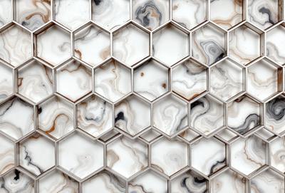 The primary subject of the image is a white and brown marble tile wall. The setting is a room with a white tile backdrop. The visual style is a close-up of the marble tile pattern, showcasing the intricate design and texture. The colors and mood of the image are predominantly white and brown, giving it a natural and elegant appearance.