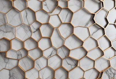 The primary subject of the image is a marble wall with a pattern of hexagons. The setting is a bathroom, and the visual style is a close-up of the marble wall. The dominant colors are white and gold, giving the wall a luxurious and elegant appearance.