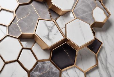 The primary subject of the image is a close-up of a marble tile wall with a gold border. The setting is a room with a marble tile floor. The visual style is a photo of the marble tile wall. The dominant colors are gold and marble, creating a luxurious and elegant atmosphere.