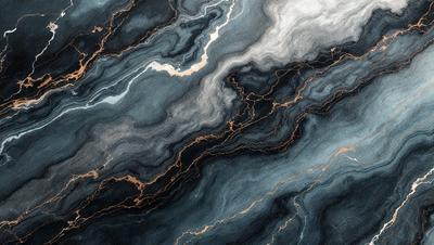 The primary subject of the image is a blue and black marble-like surface with gold streaks. The setting is a dark room, and the visual style appears to be a combination of a photo and digital art. The dominant colors are blue, black, and gold, creating a moody and dramatic atmosphere.