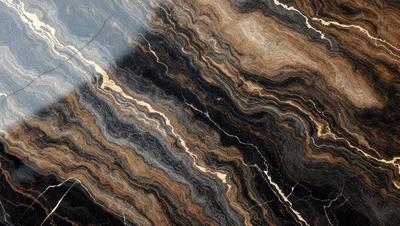 The primary subject of the image is a marble countertop with a unique and intricate pattern. The setting is a kitchen, and the visual style is a close-up of the marble countertop. The colors and mood of the image are predominantly dark, with the marble countertop being the main focus.