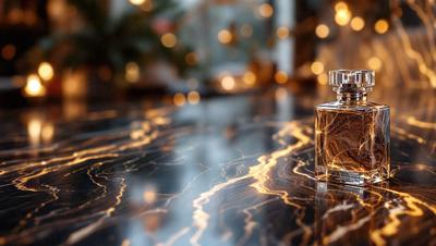 The primary subject of the image is a bottle of perfume, which is placed on a countertop. The setting is a room with a counter, and the visual style is a photo. The dominant colors in the image are gold and black, creating a warm and elegant atmosphere.