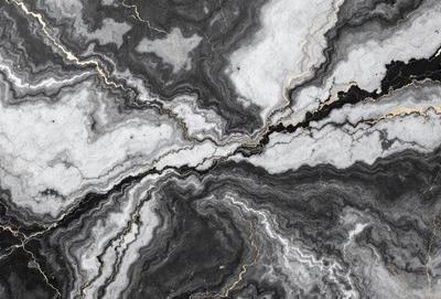 The primary subject of the image is a marble-like stone with a black and white color scheme. The setting is a rocky surface, possibly a marble countertop or a natural stone formation. The visual style appears to be a close-up of the stone, showcasing its intricate patterns and textures. The colors and mood of the image are dramatic and striking, with the black and white color scheme adding a sense of depth and contrast to the scene.