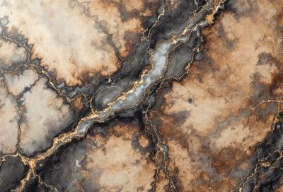 The image features a marble-like surface with a brown and white color scheme. The primary subject is a large crack in the marble, which appears to be a part of the stone's texture. The setting is a stone wall, and the visual style is a close-up of the marble surface. The colors and mood of the image are earthy and natural, with the brown and white tones creating a sense of depth and texture.