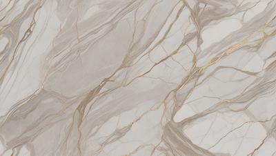 The primary subject of the image is a marble wall with a gold-colored vein running through it. The setting is a room with a white marble floor. The visual style is a close-up of the marble wall, showcasing its unique texture and color. The colors and mood of the image are predominantly white and gold, giving it a luxurious and elegant appearance.