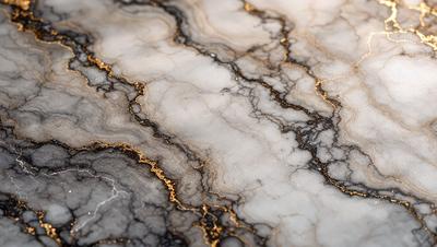 The primary subject of the image is a marble countertop with a gold-like pattern. The setting is a kitchen or bathroom counter, and the visual style is a close-up of the marble countertop. The colors and mood of the image are predominantly black and gold, giving it a luxurious and elegant appearance.