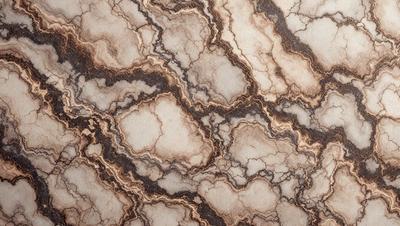 The primary subject of the image is a marble countertop with a unique and intricate pattern. The setting is a kitchen, and the visual style is a close-up of the marble countertop. The colors and mood of the image are predominantly brown and white, giving it a natural and elegant appearance.