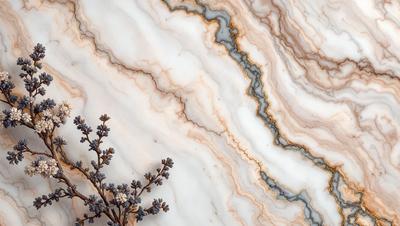 The primary subject of the image is a marble countertop with a patterned design. The setting is a kitchen, and the visual style is a photo. The countertop features a combination of white and brown marble, giving it a natural and elegant appearance. The overall atmosphere is sophisticated and inviting, making it an ideal choice for a kitchen countertop.