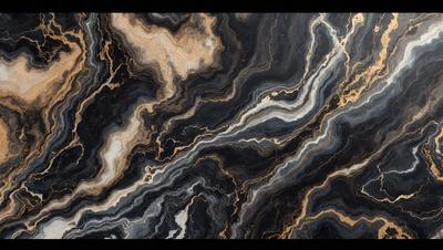The image features a black and gold marble pattern, with a mix of black and gold colors. The marble pattern is intricate and visually appealing, creating a striking contrast between the black and gold tones. The setting appears to be a wall or a countertop, showcasing the marble pattern as the primary subject. The visual style of the image is a combination of artistic and natural elements, making it an interesting and unique piece.
