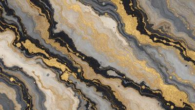 The primary subject of the image is a marble-like surface with a gold-like pattern. The setting is a stone wall, and the visual style appears to be a combination of a photo and digital art. The colors and mood of the image are predominantly dark, with the gold-like pattern adding a touch of warmth and sophistication.