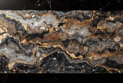 The primary subject of the image is a marble slab with a gold and brown pattern. The setting is a dark room, and the visual style appears to be a close-up of the marble slab. The colors and mood of the image are dominated by the gold and brown tones of the marble, creating a warm and luxurious atmosphere.
