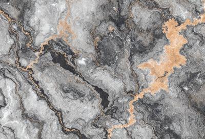 The primary subject of the image is a marble wall with a unique and intricate pattern. The setting is a stone wall, and the visual style appears to be a photo of the marble wall. The colors and mood of the image are predominantly dark, with the marble pattern providing a contrasting element.