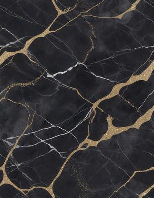 The primary subject of the image is a black and gold marble countertop. The setting is a kitchen, with the countertop being the main focus of the scene. The visual style is a close-up of the marble countertop, showcasing its intricate patterns and textures. The dominant colors are black and gold, creating a luxurious and elegant atmosphere.