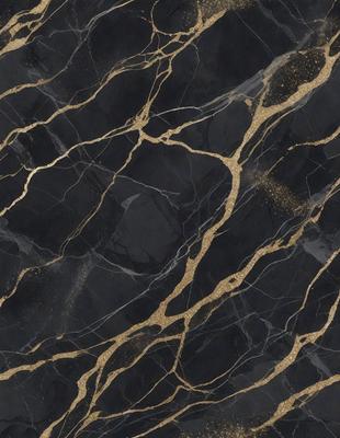 The primary subject of the image is a marble countertop with a gold-colored pattern. The setting is a kitchen, and the visual style is a close-up of the marble countertop. The colors and mood of the image are predominantly black and gold, giving it a luxurious and elegant appearance.