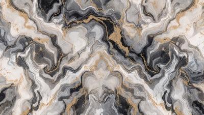 The primary subject of the image is a marble-like pattern with gold accents. The setting is a marble countertop, and the visual style is a combination of photo and digital art. The dominant colors are gold, black, and white, creating a luxurious and elegant atmosphere.