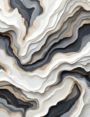 The primary subject of the image is a large, intricate, and textured wall made of various materials, including paper, fabric, and possibly stone. The setting is a room with a black and white color scheme, which adds to the overall atmosphere. The visual style of the image is a combination of photo and digital art, creating a unique and artistic representation of the wall. The colors and mood of the image are predominantly black and white, with some grays and possibly a touch of gold, giving it a sophistic
