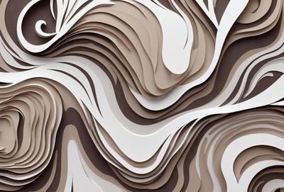 The primary subject of the image is a large, intricate, and textured wall design. The setting is a room with a white wall, and the visual style appears to be a combination of digital art and illustration. The colors and mood of the image are predominantly neutral, with a focus on the contrasting textures and patterns created by the wall design.