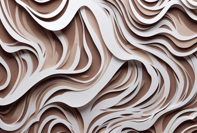 The primary subject of the image is a large, intricate, and textured wall made of paper. The setting is a room with a white background, which contrasts with the paper wall. The visual style is a combination of digital art and illustration, creating a unique and artistic appearance. The colors and mood of the image are predominantly white and neutral, giving it a clean and minimalist feel.
